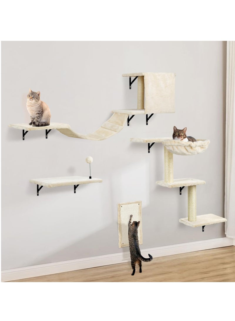 NEXT VOGUE Cat Wall Furniture,Wall-Mounted Cat Climber Set with Cat Wall Shelves, Perches, Condo House, Ladder, Scratching Board & Tree - 5 Pcs Wood Indoor Cat Furniture for Play - Image 1