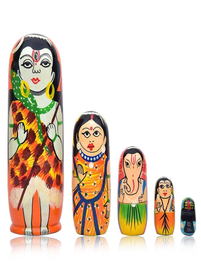 Toolart Fine Craft India Hand Paint Wooden Shiv Family Stacking Nested Dolls (Set of 5 Pieces) - Image 1