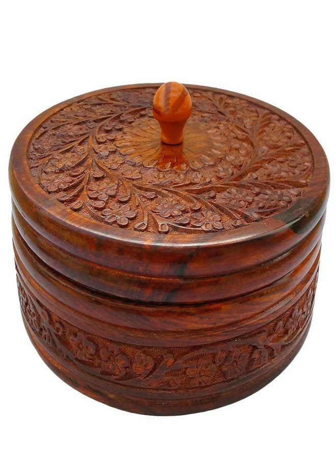 Sri Balajee Bangles Sri Balajee Wooden Chapatti Casserole Wooden Box Storage Container Handcrafted Pot Serving Bowl with Lid for Chapattis 7.5 Inches - Image 1