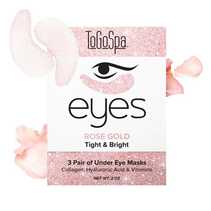 ToGoSpa Rose Gold EYES, Under Eye Repair | Micro-Infused Clean Collagen Gel Masks with Hyaluronic Acid, Aloe Vera, Vitamins C & E, Rose and 24k Nano Gold to Tighten and Brighten Saggy Eyes - 3 pack - Image 1