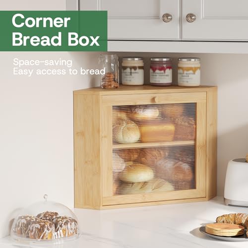 kiplant Bamboo Corner Bread Box for Kitchen Countertop - Wavy Acrylic Door, Adjustable 2-Layer Bread Storage Container, Large Bread Holder - Image 3