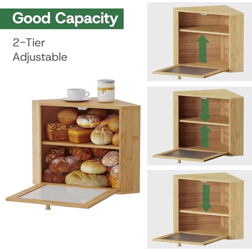 kiplant Bamboo Corner Bread Box for Kitchen Countertop - Wavy Acrylic Door, Adjustable 2-Layer Bread Storage Container, Large Bread Holder - Image 2