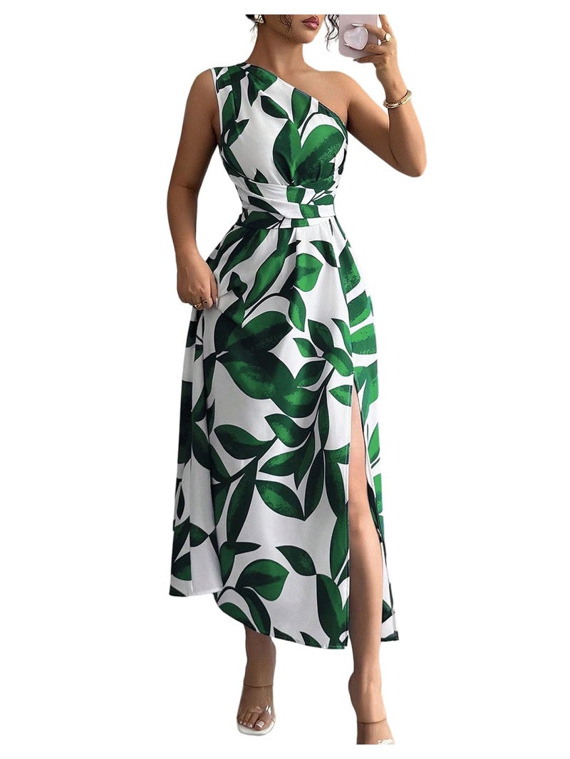 OYOANGLE Women's One Shoulder Slit Thigh Belted Maxi Dress Graphic Elegant Flowy Vacation Sundress Green Medium - Image 1