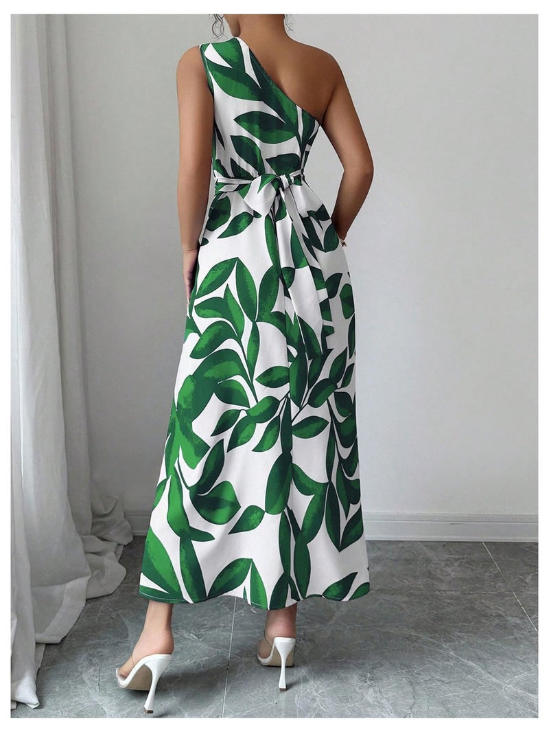 OYOANGLE Women's One Shoulder Slit Thigh Belted Maxi Dress Graphic Elegant Flowy Vacation Sundress Green Medium - Image 3