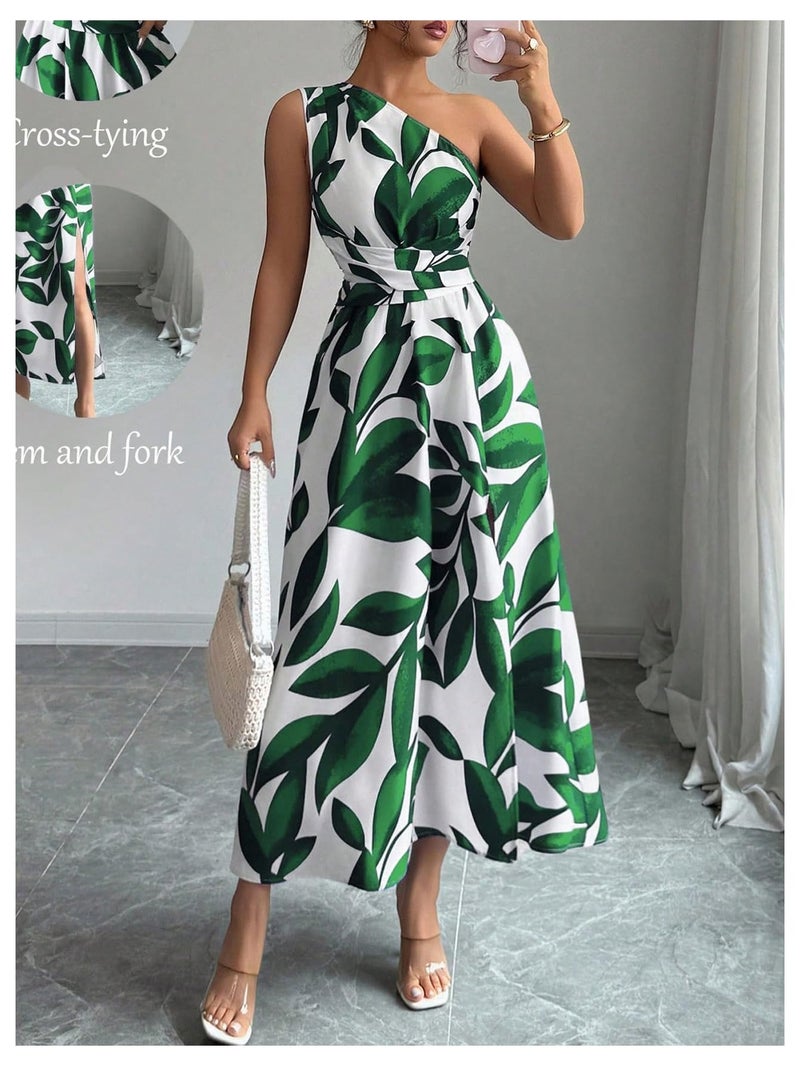 OYOANGLE Women's One Shoulder Slit Thigh Belted Maxi Dress Graphic Elegant Flowy Vacation Sundress Green Medium - Image 4