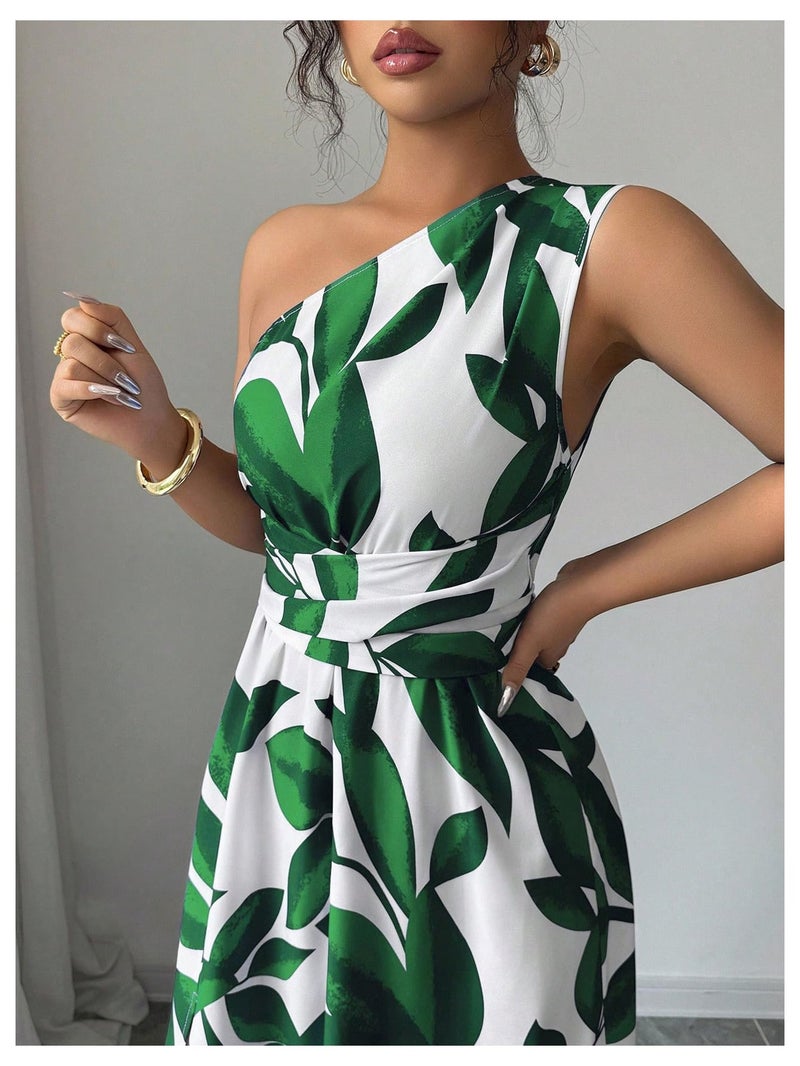 OYOANGLE Women's One Shoulder Slit Thigh Belted Maxi Dress Graphic Elegant Flowy Vacation Sundress Green Medium - Image 2