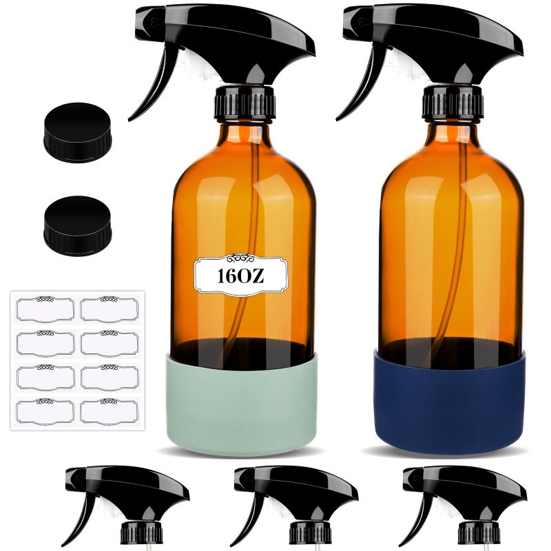 ZENOWICK 2 Pack/16 Oz Glass Spray Bottles, Refillable Empty Containers with Silicone Sleeve, Upgraded Adjustable Nozzle Spray Bottle Sets for Cleaning, Essential Oils, Hair (Amber) - Image 1