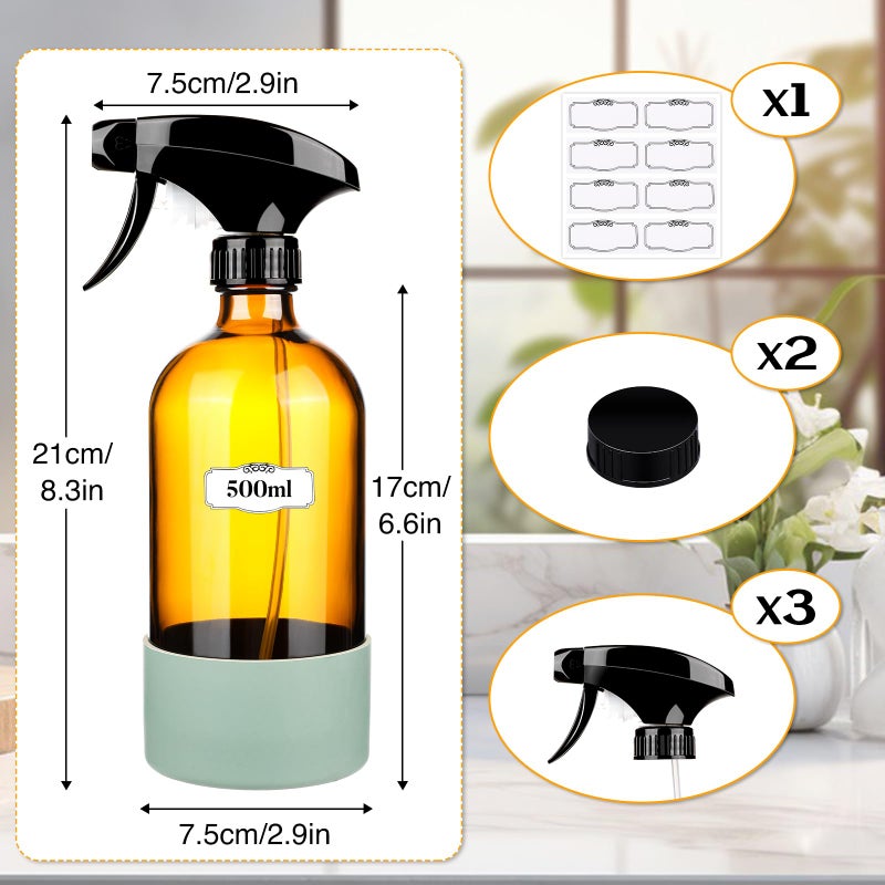 ZENOWICK 2 Pack/16 Oz Glass Spray Bottles, Refillable Empty Containers with Silicone Sleeve, Upgraded Adjustable Nozzle Spray Bottle Sets for Cleaning, Essential Oils, Hair (Amber) - Image 3