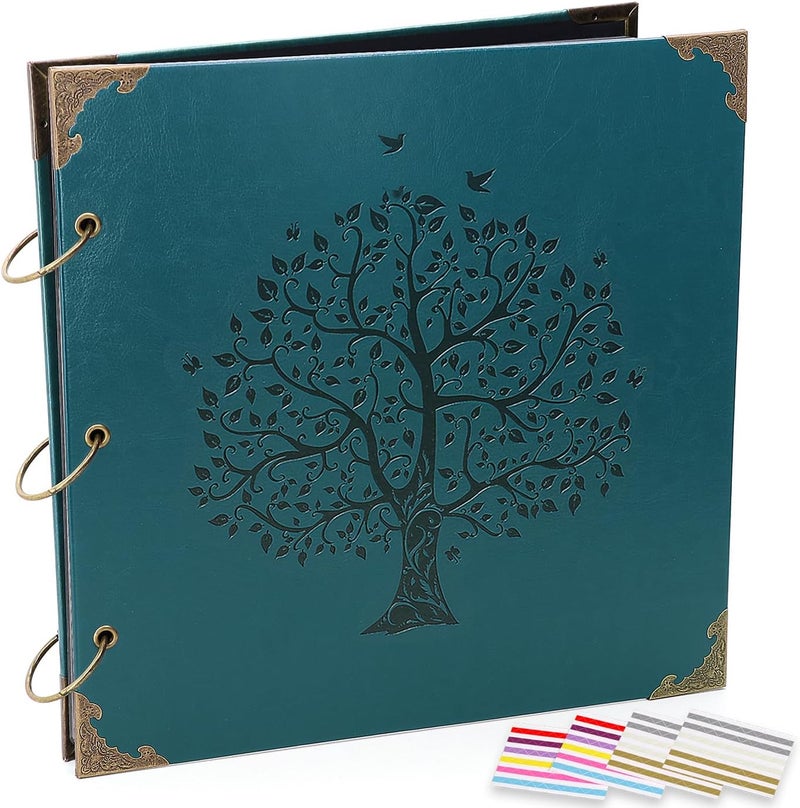 ADVcer Photo Album DIY Scrapbook, 10x10 inch 50 Pages Vintage Leather Cover Three-Ring Binder Family Picture Booth Albums with 408pcs Self Adhesive Photos Corners for Memory Keep, Tree (Jasper Green) - Image 1
