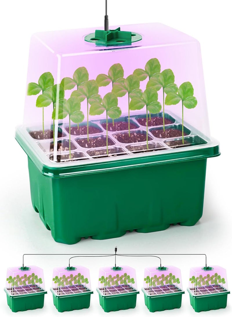 GGOOT 5 Packs Seed Starter Tray with Grow Light，Plant Germination Starter Kit with Adjustable Humidity Dome，Greenhouse Germination Kit for Seed Growing Starting (12 Cells per Seedling Trays) - Image 1