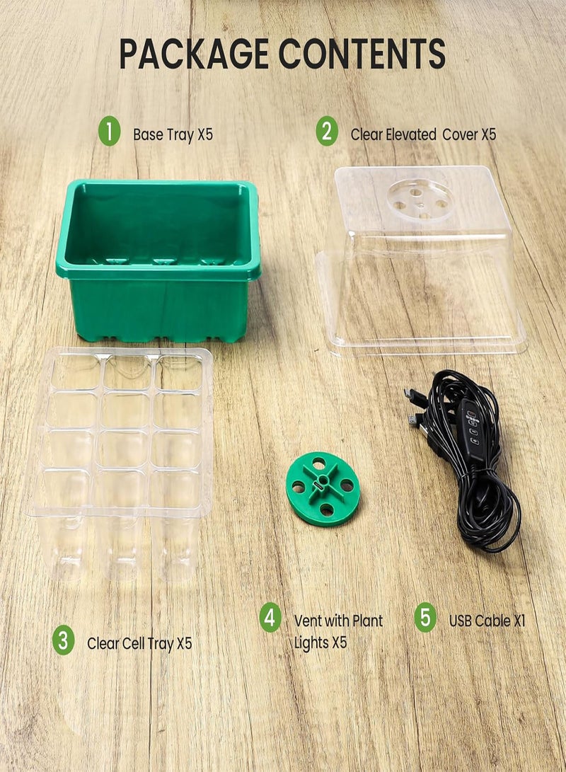 GGOOT 5 Packs Seed Starter Tray with Grow Light，Plant Germination Starter Kit with Adjustable Humidity Dome，Greenhouse Germination Kit for Seed Growing Starting (12 Cells per Seedling Trays) - Image 3