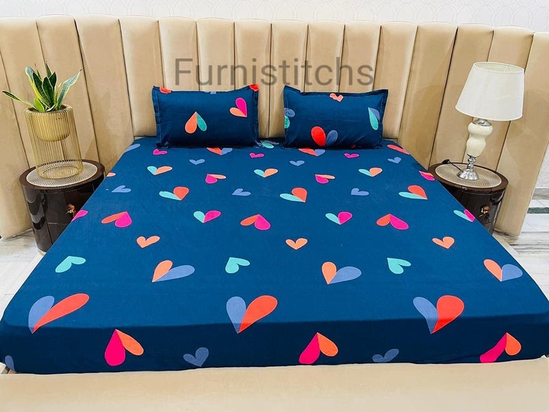 Magnetic Shadow King Size Bed Cover Elastic Fitted Bedsheet with 2 Pillow Covers (240 X 260 cms, Checkered Blue) (Navy Hearts) - Image 3
