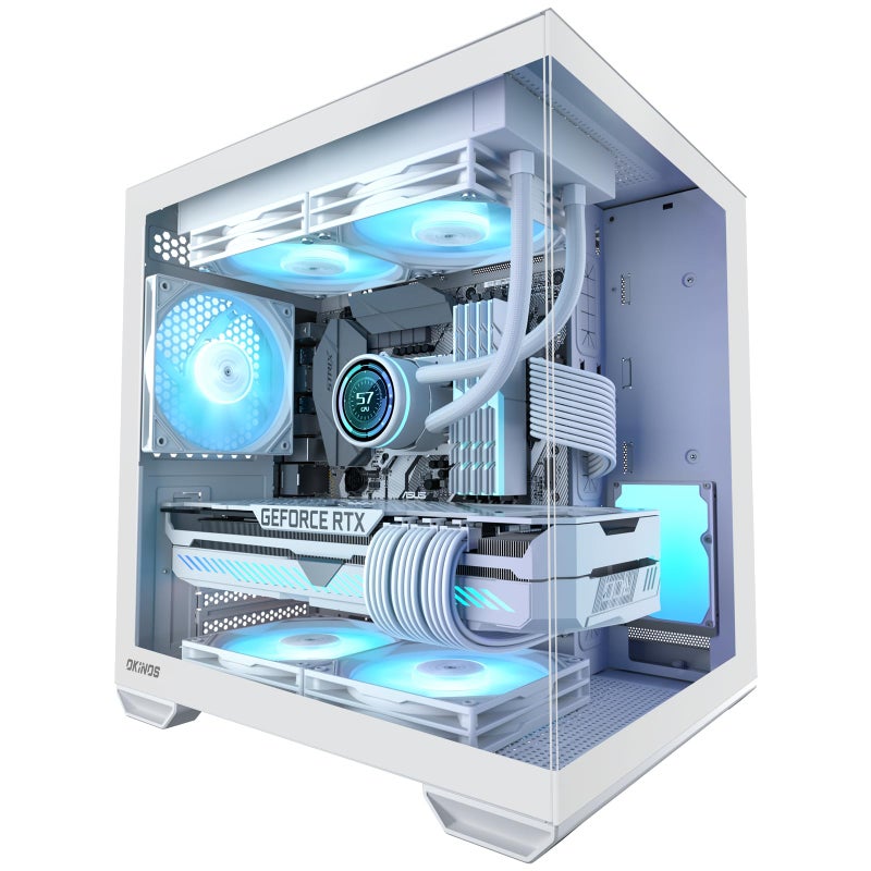 Okinos MATX PC Case Top 240mm Radiator Support 5 PCIe Slots for Max GPU Cooling Extra Space for 160mm PSU Easy Cable Management 3120mm ARGB Fan with Controller NonPWM TypeC Mirage 4 White - Image 2