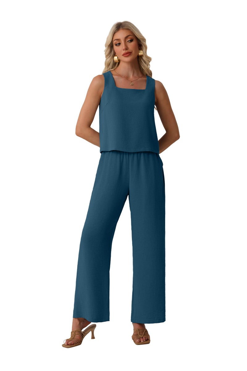 Lepunuo Two Piece Sets for Women Wide Leg Pants Matching Set Sleeveless Square Neck Tank Crop Top Travel Airport Outfits - Image 4