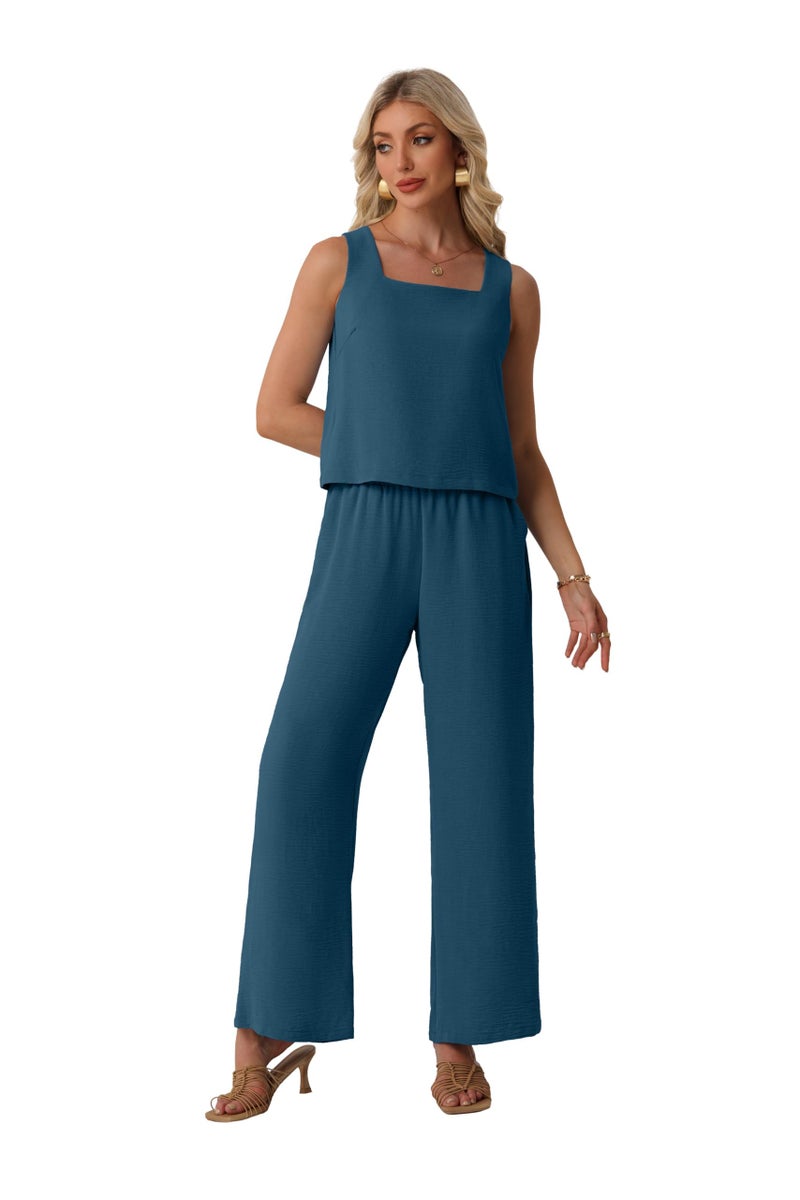 Lepunuo Two Piece Sets for Women Wide Leg Pants Matching Set Sleeveless Square Neck Tank Crop Top Travel Airport Outfits - Image 5