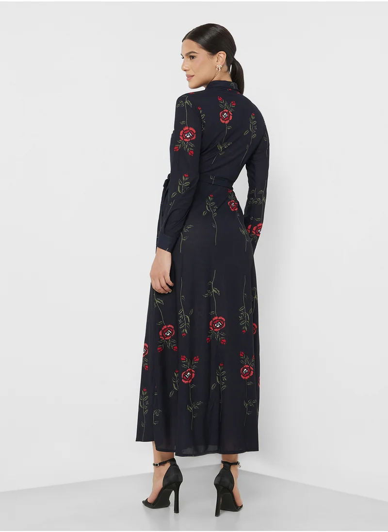 ELLA Floral Print Self Tie Shirt Maxi Dress