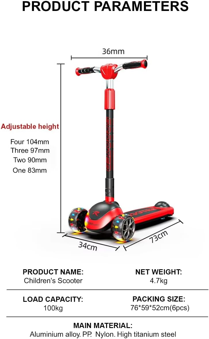 Leno Kick Scooter, 4 Adjustable Height and Lean-to-Steer, Foldable Scooter Kids, LED Light Wheels and Anti-Slip Deck, for Children from 3-12yrs for Gift - Image 3