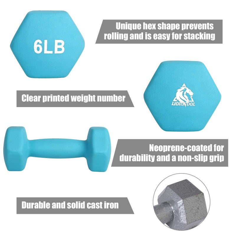 Lionscool Neoprene Coated Dumbbell Weights (Skyblue 6Lb Pair) - Image 3