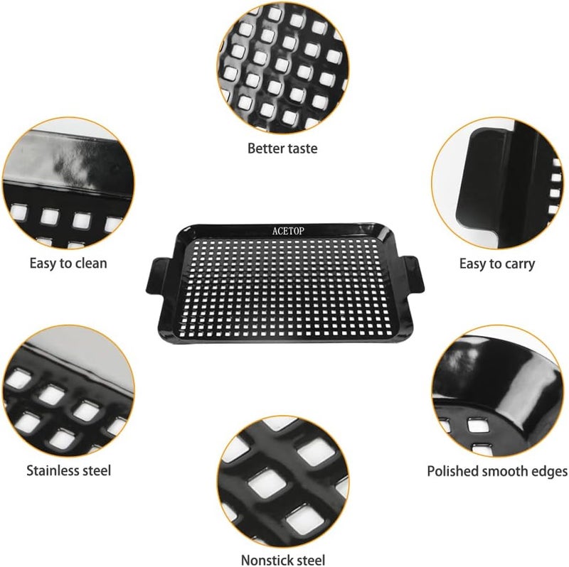 ACETOP 2PCS Grill Topper Pans BBQ Nonstick Barbecue Grilling Baskets Outdoor Stainless Steel BBQ Grill Tray with Perforated Bottom for Indoor Camping Chicken Drumsticks Vegetable Shrimp Meat - Image 3