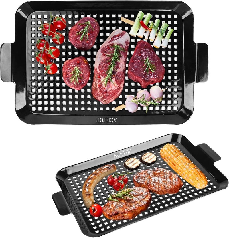 ACETOP 2PCS Grill Topper Pans BBQ Nonstick Barbecue Grilling Baskets Outdoor Stainless Steel BBQ Grill Tray with Perforated Bottom for Indoor Camping Chicken Drumsticks Vegetable Shrimp Meat - Image 1