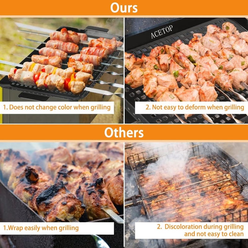 ACETOP 2PCS Grill Topper Pans BBQ Nonstick Barbecue Grilling Baskets Outdoor Stainless Steel BBQ Grill Tray with Perforated Bottom for Indoor Camping Chicken Drumsticks Vegetable Shrimp Meat - Image 4