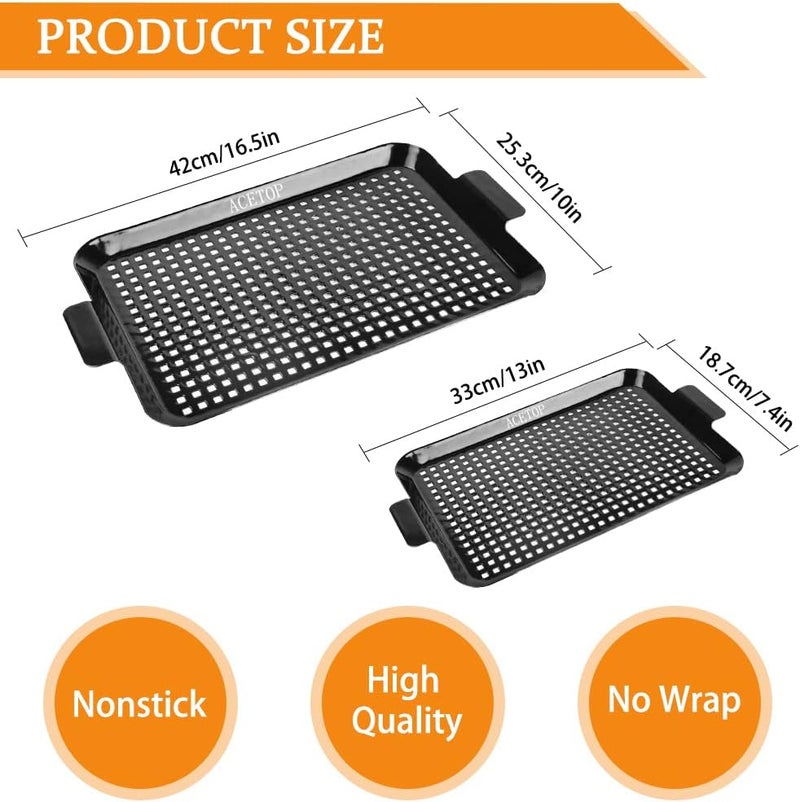 ACETOP 2PCS Grill Topper Pans BBQ Nonstick Barbecue Grilling Baskets Outdoor Stainless Steel BBQ Grill Tray with Perforated Bottom for Indoor Camping Chicken Drumsticks Vegetable Shrimp Meat - Image 2