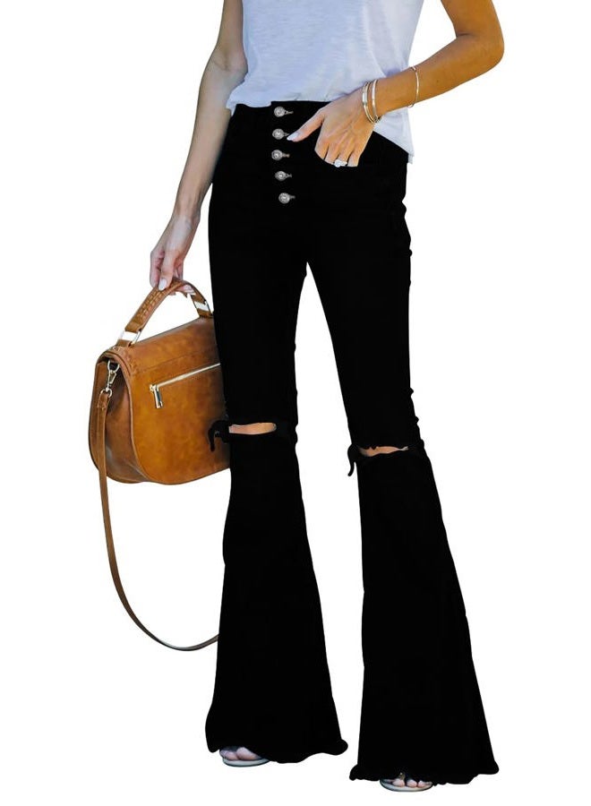 BISUAL Womens Jeans High Waisted Bell Bottom Jeans for Women Flare Jeans for Women's Ripped Stretchy Denim Pants, Black, 6 - Image 1