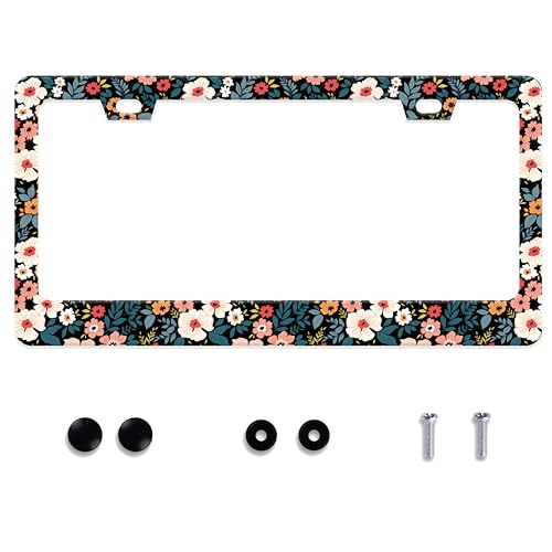 UNINDREM Folk Floral License Plate Frame Colorful Flowers Stainless Steel License Plate Frame Auto Parts Decoration with Screws License Plate Holder for Men Women 12x6 Inch - Image 1
