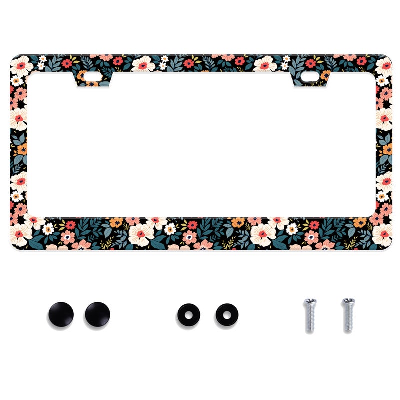 UNINDREM Folk Floral License Plate Frame Colorful Flowers Stainless Steel License Plate Frame Auto Parts Decoration with Screws License Plate Holder for Men Women 12x6 Inch - Image 2