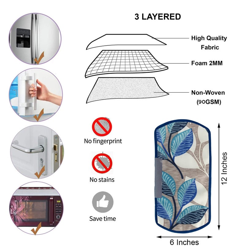 E-Retailer® Polyester 3-Layered Fridge Handle Cover For Refrigerator and Microwave oven (Color-Blue Leaf, Size -12x6 Inch) - Image 2