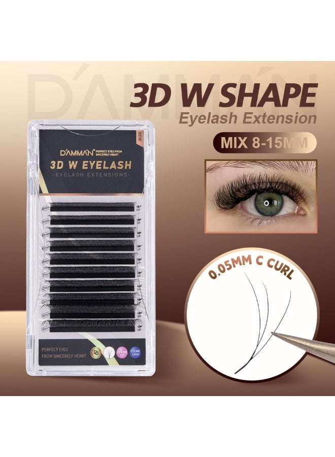 D'AMMA'N Damman 3D W Shape Eyelash Extensions 0.05mm B C D Curl 8-14mm Individual Length 8-15mm Mix Volume Lashes Professional Salon Use - Image 1