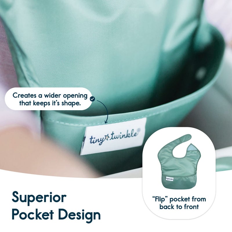 Tiny Twinkle Mess Proof Baby Bibs for Eating - Waterproof, Wipeable Toddler Bibs with Pocket - Baby Food Bibs for Girls & Boys(3 Pack,Slate, Olive) - Image 5