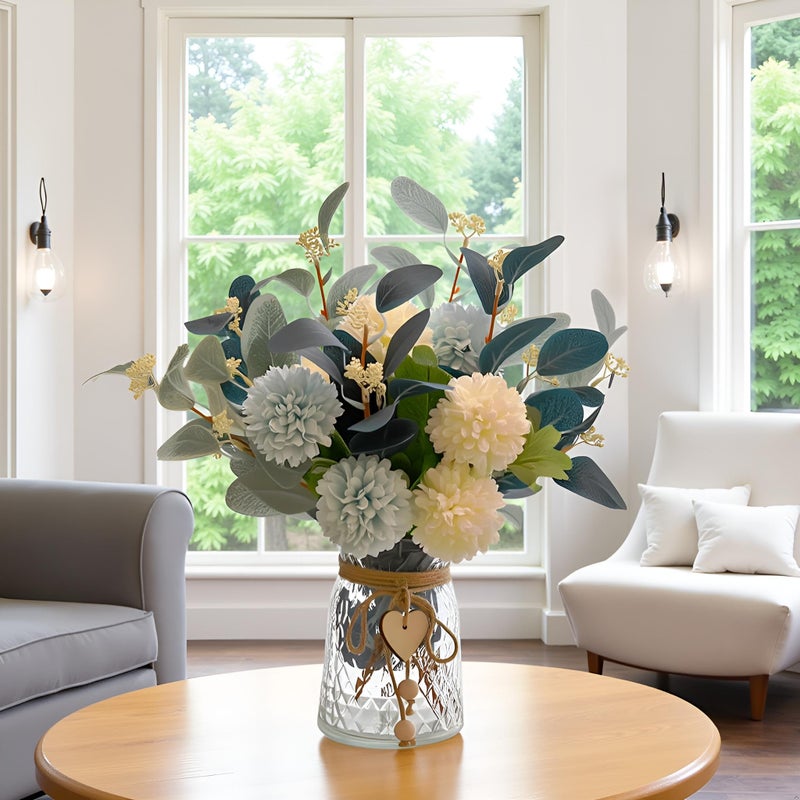 NAWEIDA Artificial Flowers with Vase, Faux Flower Arrangement with Eucalyptus Leaves, Silk Hydrangea Table Centerpiece for Home Office Kitchen, Dining Room & Coffee Table Decor - Image 2