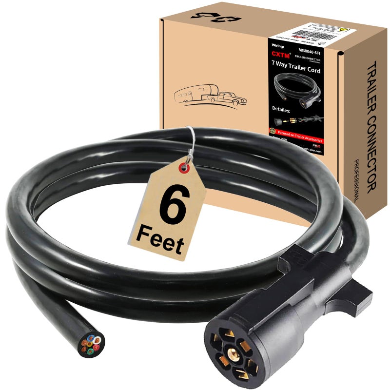 CXTM 7 Way Trailer Cord 7 Way Trailer Plug Inline Cord Wire Harness Double Prongs Connector 7 pin Trailer Wiring Harness 6 Feet for Camper Blade Molded RV Wire6ft