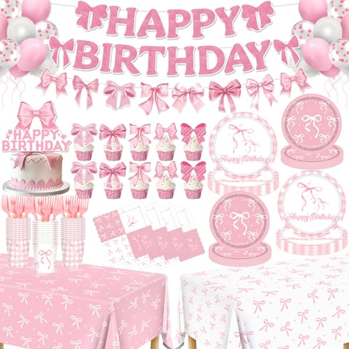 REDWORD Pink Bow Party Decorations 153Pcs Bow Birthday Party SuppliesServes 24 with Plates and Napkins Tablecloth and Banner Balloons for Pink Girls Birthday Decorations - Image 1