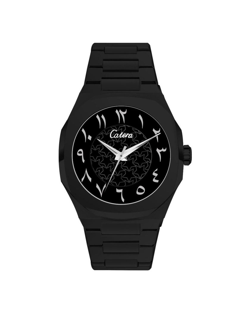 Black steel watch for men by Catera, with a black dial, Arabic numerals