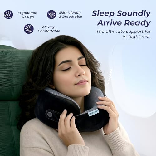 Billebon Ultrasoft Memory Foam Neck Pillow for Travel, Lightweight Comfortable & Breathable Cover, Airplane Travel Pillow Combo with Premium Eye Mask and Carry Bag. (Black) - Image 5