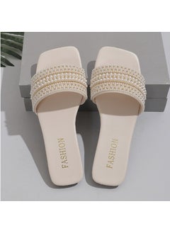 Womens Flat Bottom Sandals 2025 Summer New Style One-Row Straight Head Beaded Rhinestone Sandals Womens Outdoor Adult Use Off-white