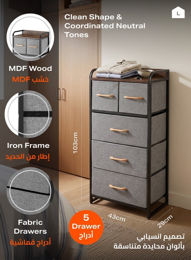 43x29x103cm Storage Cabinet with 5 Fabric Drawers Dresser Organizer Unit with MDF Wood-Look Top, Black Iron Frame, Grey Bins and Easy Pull Handles for Bedroom, Living Room, Closet, Hallway and Entryway - Image 1