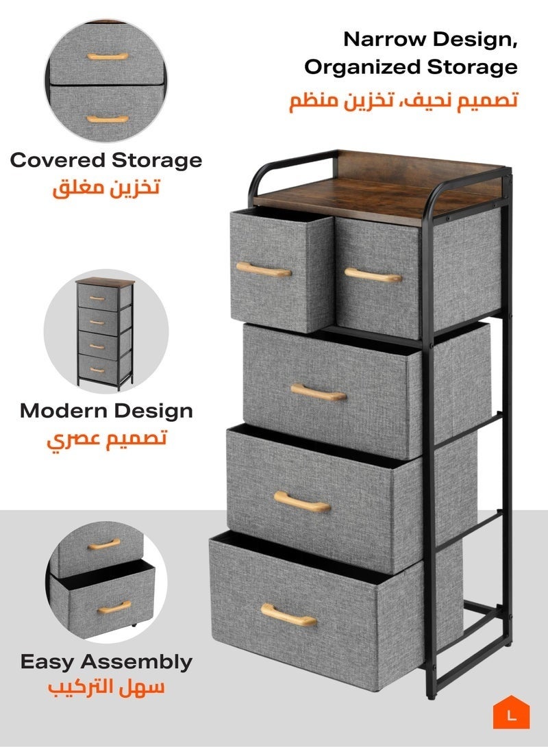43x29x103cm Storage Cabinet with 5 Fabric Drawers Dresser Organizer Unit with MDF Wood-Look Top, Black Iron Frame, Grey Bins and Easy Pull Handles for Bedroom, Living Room, Closet, Hallway and Entryway - Image 2
