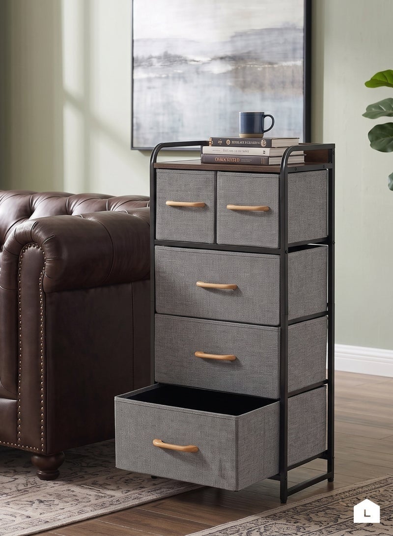 43x29x103cm Storage Cabinet with 5 Fabric Drawers Dresser Organizer Unit with MDF Wood-Look Top, Black Iron Frame, Grey Bins and Easy Pull Handles for Bedroom, Living Room, Closet, Hallway and Entryway - Image 5