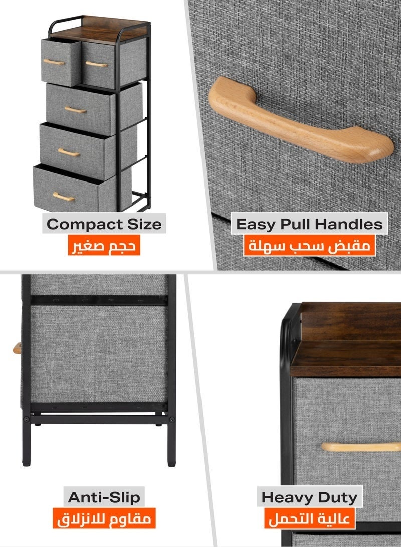 43x29x103cm Storage Cabinet with 5 Fabric Drawers Dresser Organizer Unit with MDF Wood-Look Top, Black Iron Frame, Grey Bins and Easy Pull Handles for Bedroom, Living Room, Closet, Hallway and Entryway - Image 3