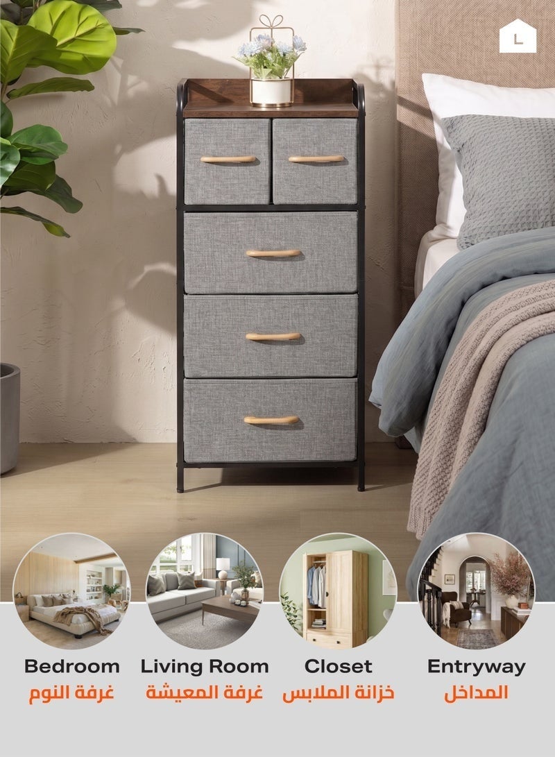 43x29x103cm Storage Cabinet with 5 Fabric Drawers Dresser Organizer Unit with MDF Wood-Look Top, Black Iron Frame, Grey Bins and Easy Pull Handles for Bedroom, Living Room, Closet, Hallway and Entryway - Image 4
