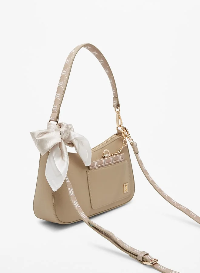 ELLE Women's Monogram Print Shoulder Bag with Scarf Detail and Attached Cardholder