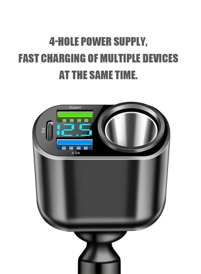 30W 4in1 Car Quick Charger, QC3.0+2.4A Fast Charging Adapter with Voltage Display and Cigarette Lighter, for Multiple Models of Electric Device (Black) - Image 3