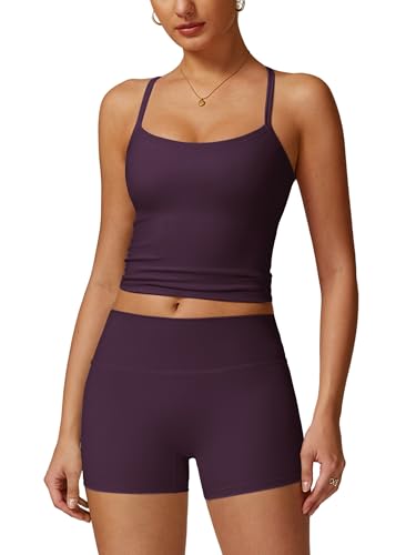 ABOCIW Womens Workout Sets 2 Piece Yoga Pilates Outfits Tank Top Matching High Waist Booty Lifting Shorts Gym Sets Woman Athletic Activewear Plum S - Image 1