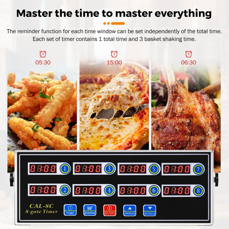 BEAMNOVA 8-Channel Digital Kitchen Timer Commercial Cooking Fryer Reminder Loud Ring Alarm Stainless Steel Adjustable Volume - Image 3