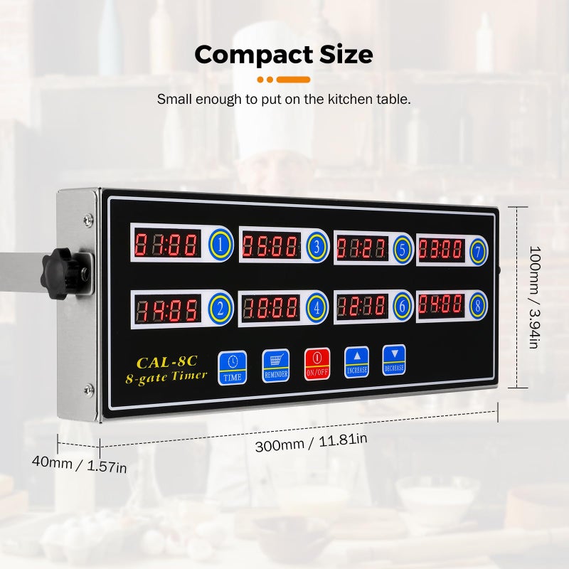 BEAMNOVA 8-Channel Digital Kitchen Timer Commercial Cooking Fryer Reminder Loud Ring Alarm Stainless Steel Adjustable Volume - Image 4