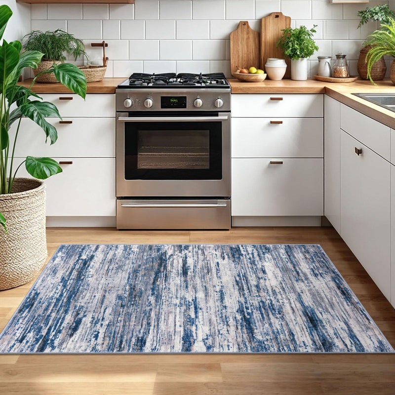 SIILOOM 3x5 Modern Abstract Area Rug for Entryway, Navy Blue Gray Neutral Multi Super Soft Washable Rug with Non-Slip, Low-Pile Door Mat Indoor for Living Room Bedroom, Carpet with Non-Shedding - Image 2