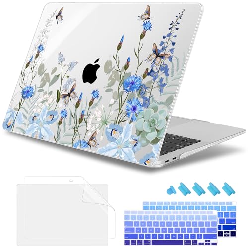 May Chen Compatible with MacBook Air 13 inch Release 2021 2020 2019 2018 Models M1 A2337A2179A1932 Plastic Hard Shell Case for MacBook Air 13 with Retina Display Touch ID Blue Flowers - Image 1